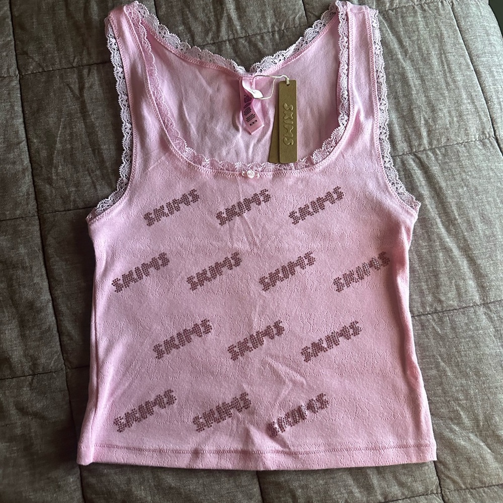 SKIMS Rhinestone Logo Pointelle Tank in Bubble Gum size M NWT!